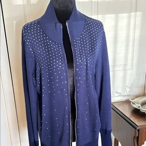 Navy Zip-Up  navy blue Cardigan with Studded Front